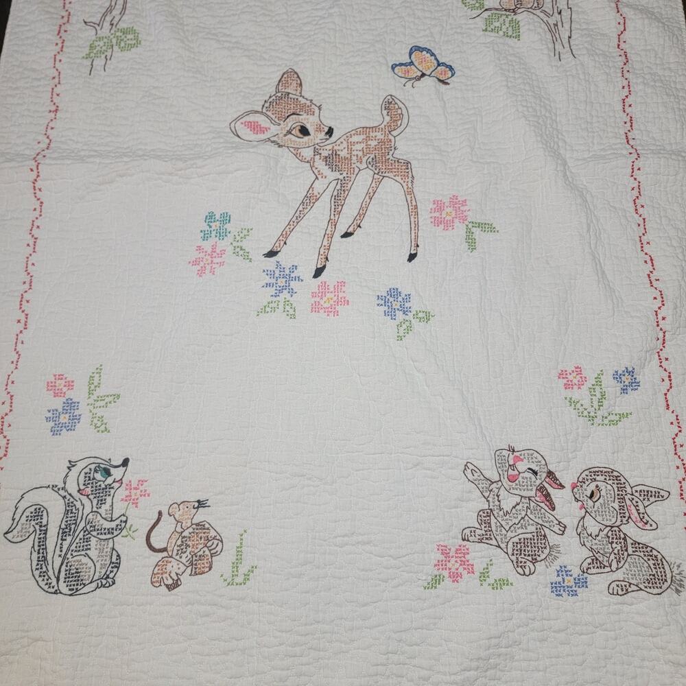 VINTAGE 1970's Disney Bambi Needle Point Throw 34" X 54" - Picture 3 of 5
